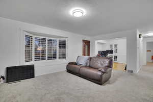 Living room with a textured ceiling and light carpet