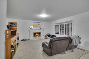 Carpeted living room featuring a fireplace