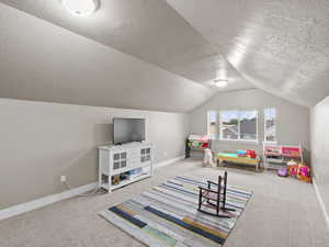 Rec room featuring carpet, a textured ceiling, and vaulted ceiling