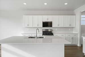 Kitchen with sink, stainless steel appliances, dark hardwood / wood-style flooring, a kitchen island with sink, and white cabinets