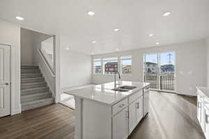 Kitchen featuring plenty of natural light, dark hardwood / wood-style flooring, sink, and an island with sink