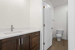 Bathroom featuring wood-type flooring, vanity, and toilet