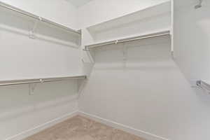 Spacious closet featuring light colored carpet