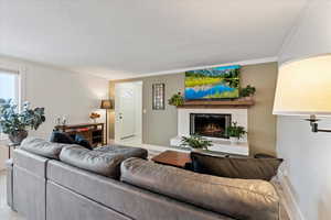 Living room featuring ornamental molding, a tiled fireplace, and light wood-type flooring