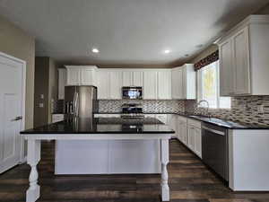 Kitchen with a center island, stainless steel appliances, dark wood-type flooring, and sink