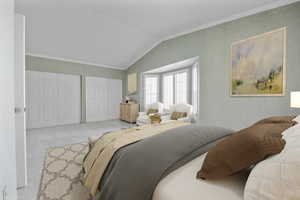 Bedroom with light colored carpet, lofted ceiling, and ornamental molding