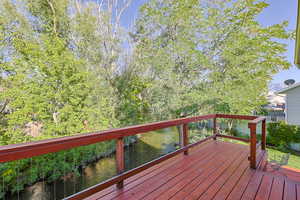 Wooden deck with a water view