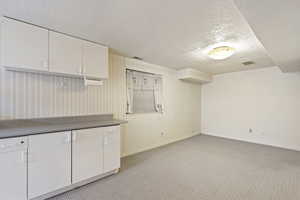 Interior space with white cabinetry, light carpet, and a textured ceiling