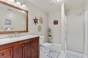 Bathroom with vanity, tile patterned flooring, a textured ceiling, and a shower with door