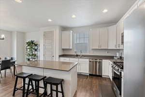 Kitchen featuring white cabinets, appliances with stainless steel finishes, dark hardwood / wood-style flooring, and a kitchen island