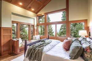 Bedroom featuring multiple windows, high vaulted ceiling, and light hardwood / wood-style floors