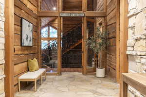 Wine room with wood walls