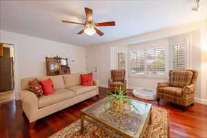 Living room with ceiling fan and dark wood-type flooring