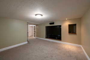 Interior space with light colored carpet and a textured ceiling