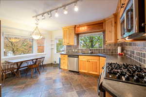 Kitchen featuring appliances with stainless steel finishes, rail lighting, tasteful backsplash, sink, and pendant lighting