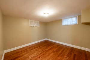 Basement with wood-type flooring