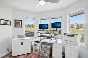 Office area with wood-type flooring and ceiling fan