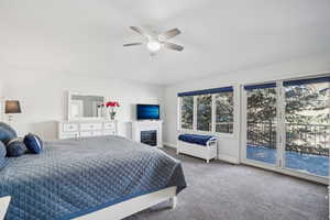 Bedroom featuring access to exterior, carpet, and ceiling fan