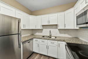 Kitchen with white cabinets, sink, dark hardwood / wood-style floors, light stone countertops, and stainless steel appliances