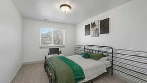 Bedroom with light carpet and a textured ceiling