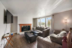 Living room featuring a textured ceiling and dark hardwood / wood-style flooring