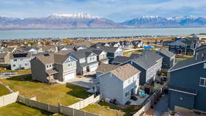 Bird's eye view with a water and mountain view