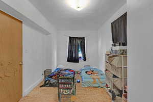 Game room with carpet and a textured ceiling