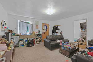 Carpeted living room featuring a textured ceiling