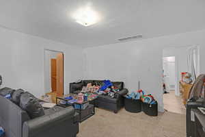 Living room featuring a textured ceiling and light colored carpet