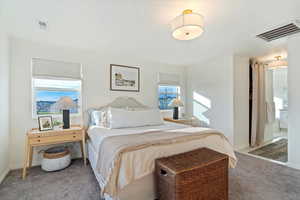 Primary Bedroom with carpet floors, ensuite bath, and multiple windows