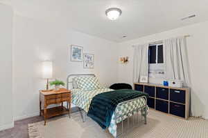 Bedroom featuring carpet floors and a textured ceiling