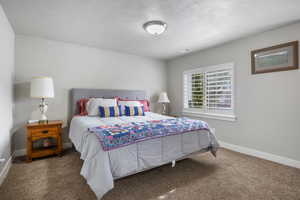 Bedroom featuring carpet and a textured ceiling