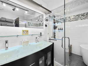 Bathroom featuring vanity and independent shower and bath