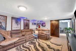 Carpeted living room with a barn door