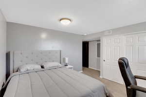 Bedroom with a closet, light colored carpet, and a textured ceiling