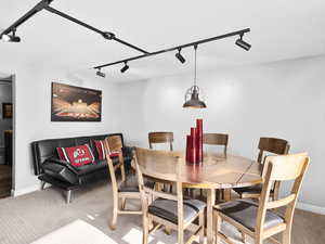 Carpeted dining room featuring track lighting