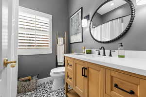 Bathroom featuring tile patterned floors, vanity, toilet and stunning shower