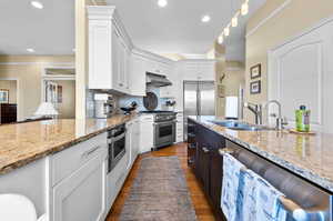 Kitchen featuring high quality appliances, light stone counters, tasteful backsplash, dark hardwood / hard wood flooring, and white cabinetry