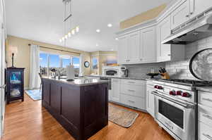 Kitchen featuring light hardwood / wood-style flooring, decorative backsplash, light stone counters, white cabinetry, and stainless steel appliances