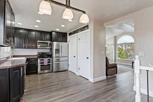 Kitchen featuring hanging light fixtures, dark hardwood / wood-style flooring, a textured ceiling, and appliances with stainless steel finishes