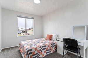 Bedroom featuring dark colored carpet and a textured ceiling