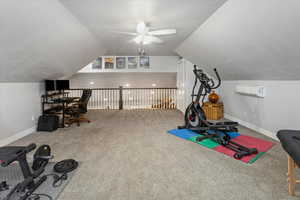 Workout room featuring ceiling fan, carpet floors, a textured ceiling, and vaulted ceiling