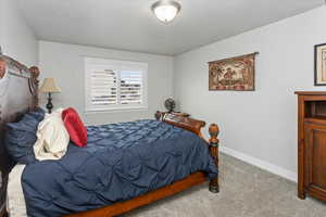 Bedroom with light colored carpet