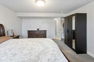 Bedroom featuring light carpet