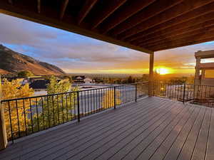 Deck at dusk with a mountain view