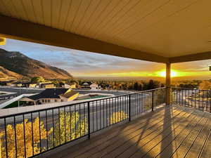 Deck at dusk with a mountain view