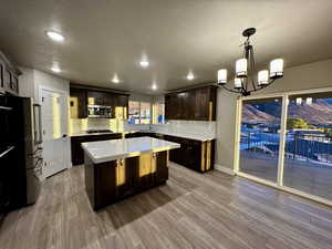 Kitchen with hanging light fixtures, a center island, stainless steel appliances, and light wood-type flooring