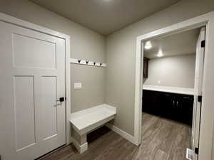 Mudroom with light wood-type flooring