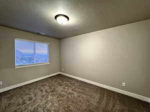 Carpeted empty room featuring a textured ceiling