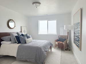 Bedroom featuring baseboards, carpet, visible vents, and a textured ceiling